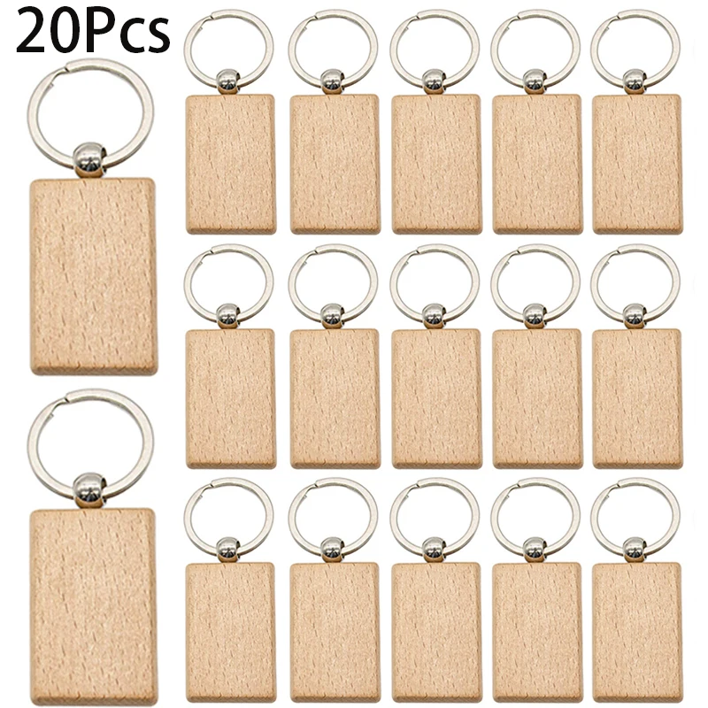 20Pcs Wooden Keychain Unfinished Wooden Key Ring Rectangle Key Chains Wood Craft Supplies for DIY Gift Crafts