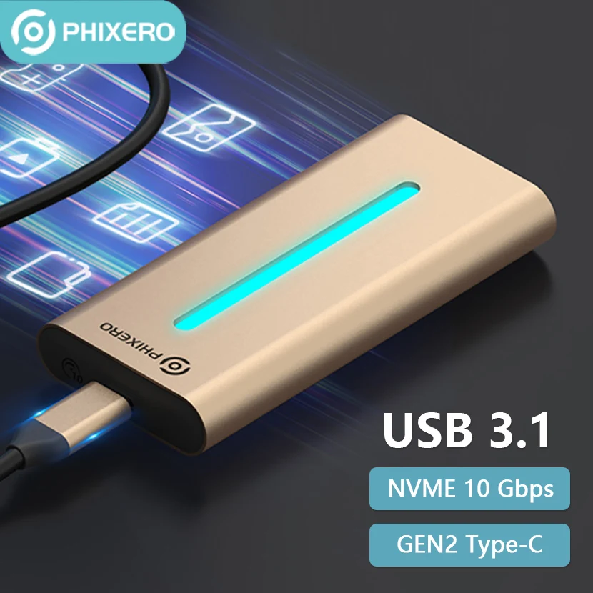 PHIXERO casing logam M2 Nvme, kotak penyimpanan penutup Hard Drive HD eksternal tipe-c USB 3.1 untuk Macbook PC Laptop Notebook