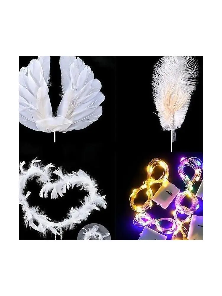 Pearl White Feathers Light String Birthday Cake Decoration Crown Wings Plug-In Internet Famous Ornament Kitchen Cooking Tools - view 4
