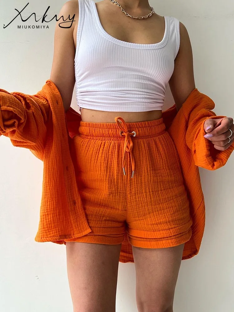 Short Two Piece Set For Women Shorts And Top Orange Loose Women's Summer Suit Oversize Shorts And Long Sleeve Shirts Sets Ladies