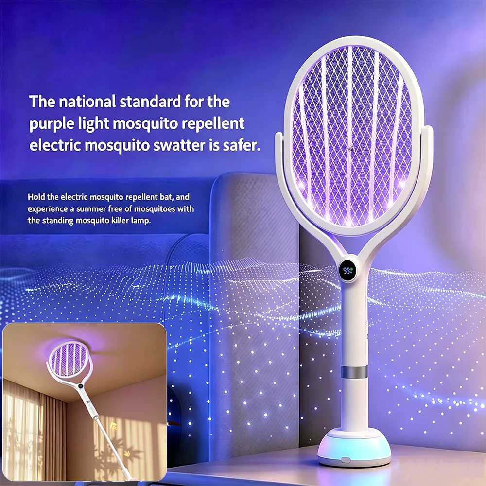 Rechargeable Electric Mosquito Swatter Type-C Telescopic Handheld Bug Zapper Automatic Tapping Home Indoor Outdoor Fly Swatter