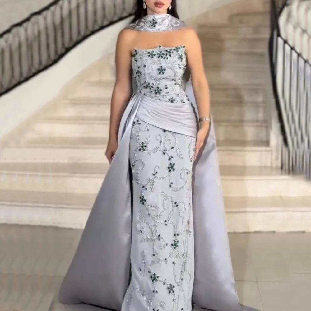 

Luxury Handmade Beaded and Crystal Evening Dress Strapless Mermaid Floor Length with Scarf Sweep Train Customized Banquet Gown