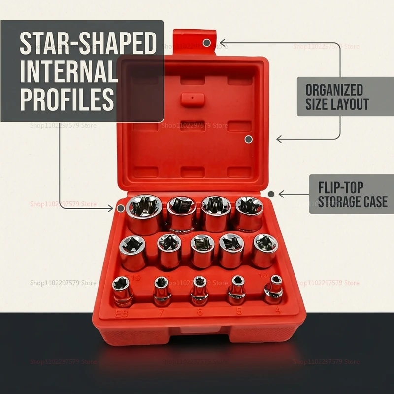 14PCS E StarTorx Socket Set Includes E4-E24 External Hex Hand Tools Auto Repair Durable Automotive Tool Kit for Mechanic Repairs
