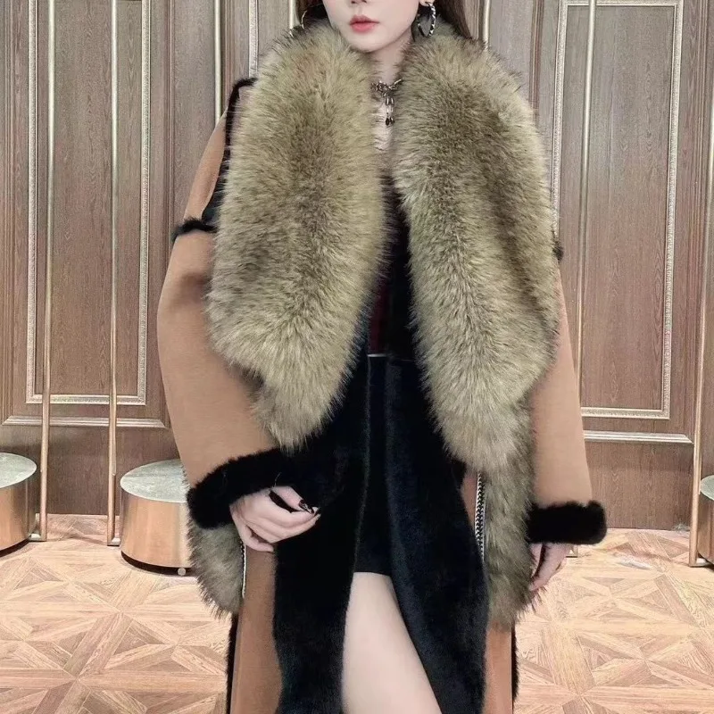

New Imitation Deerskin Jacket with Integrated Fur Thickened Trend Winter Long Over-the-knee Coat Genuine High Appearance Level