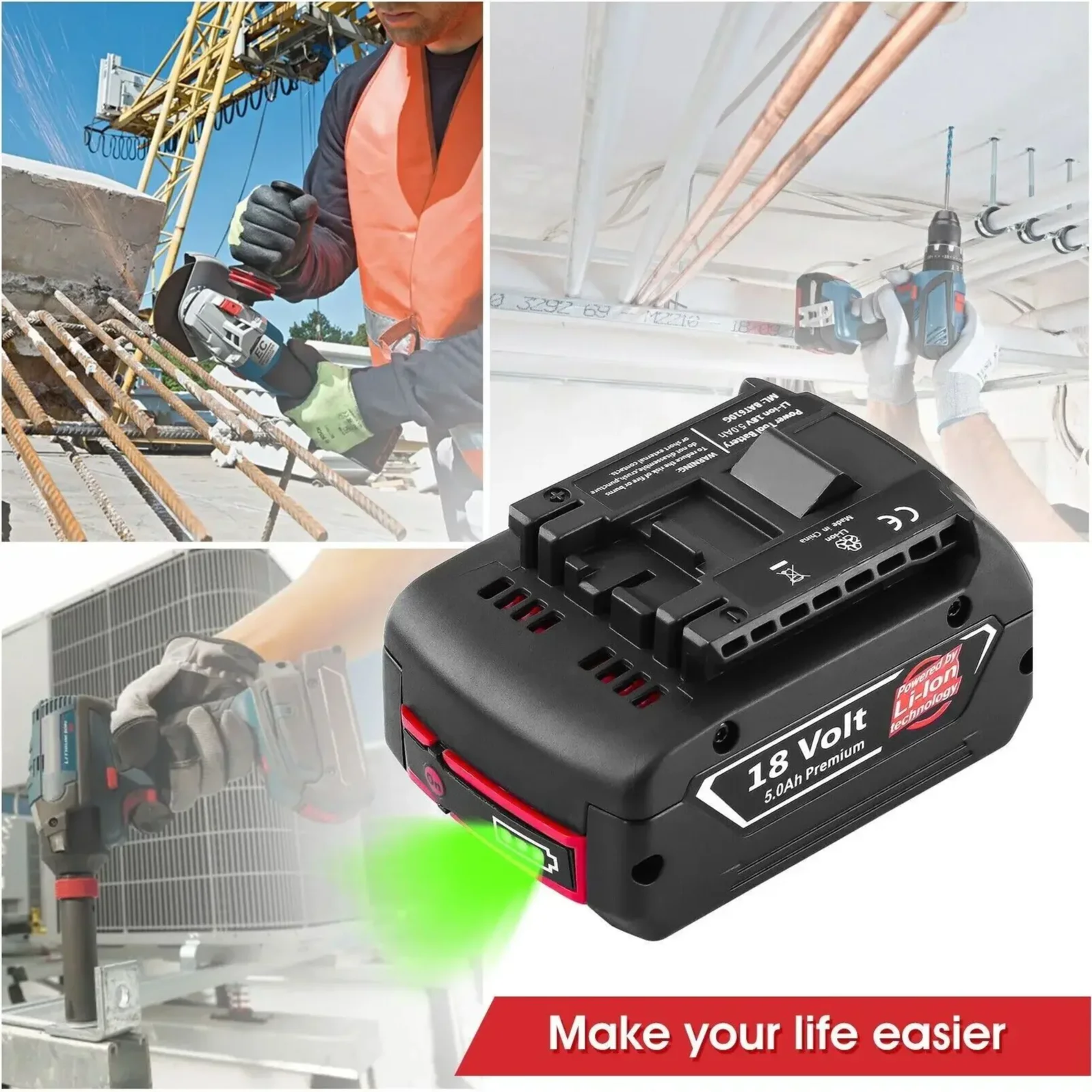 NEW 18V 10Ah Rechargeable Li-Ion Battery For Bosch 18V Power Tool Backup 10000mah Portable Replacement BAT609 Indicator Light