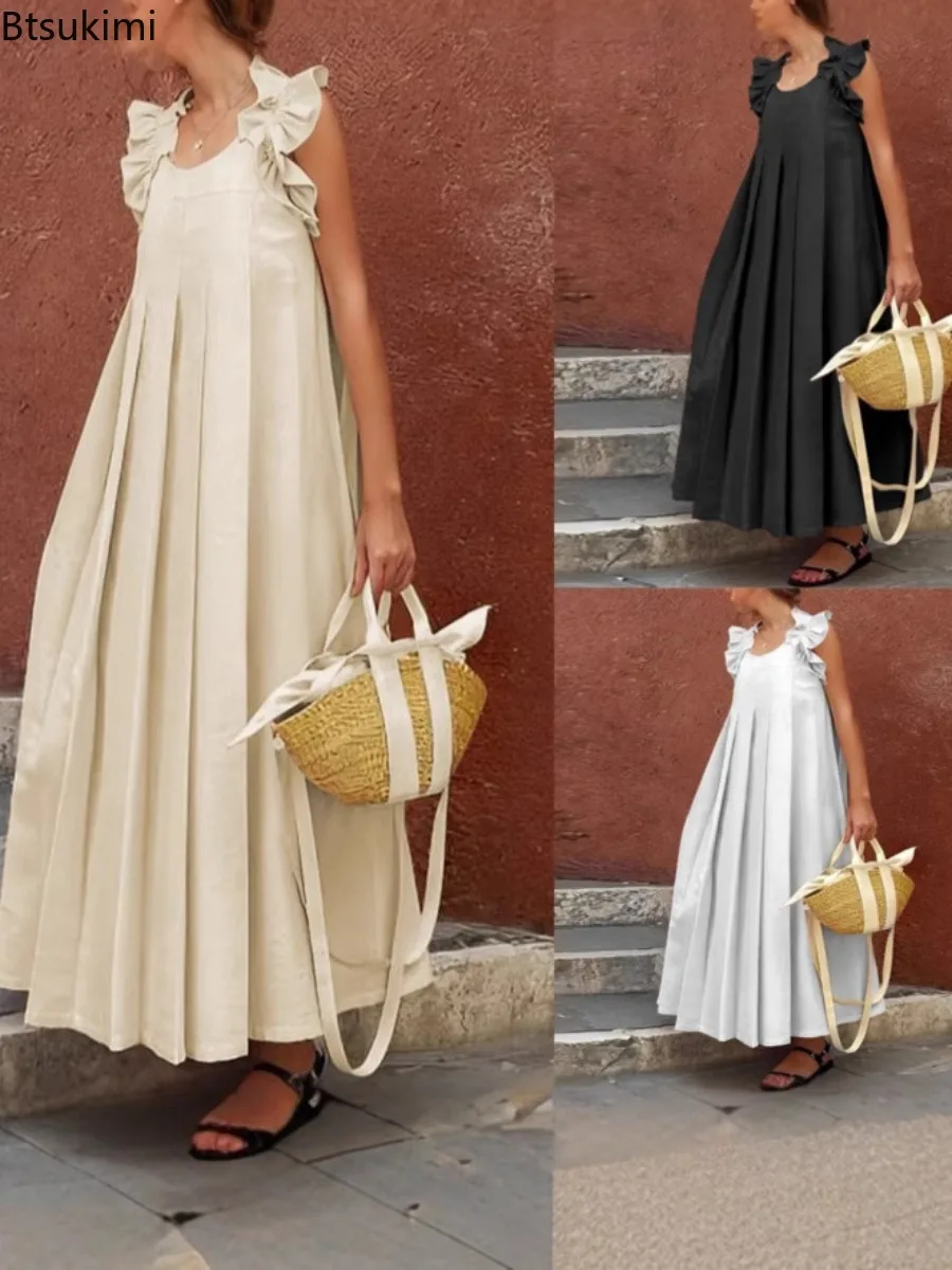 

Women Solid Color Ruffle Trim Elegant Party Evening Maxi Dress 2025 Summer Sleeveless Pleated Urban Casual Versatile Long Dress
