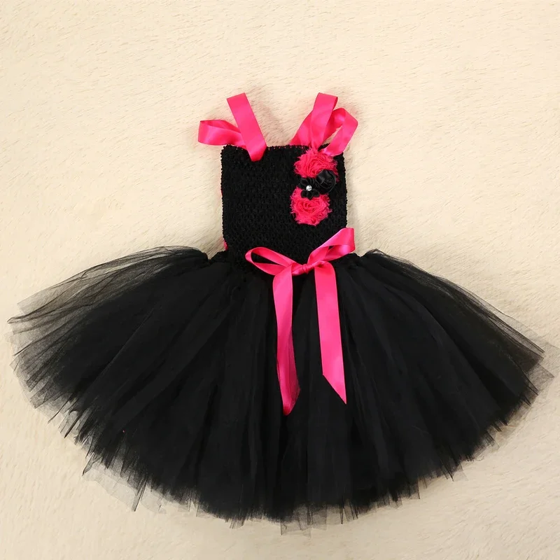Ярко-розовые, черные платья на подкладке с изображением кота для маленьких девочек, костюмы котенка на день рождения, пачки с ушками, бантом и хвостом @ 0Z *