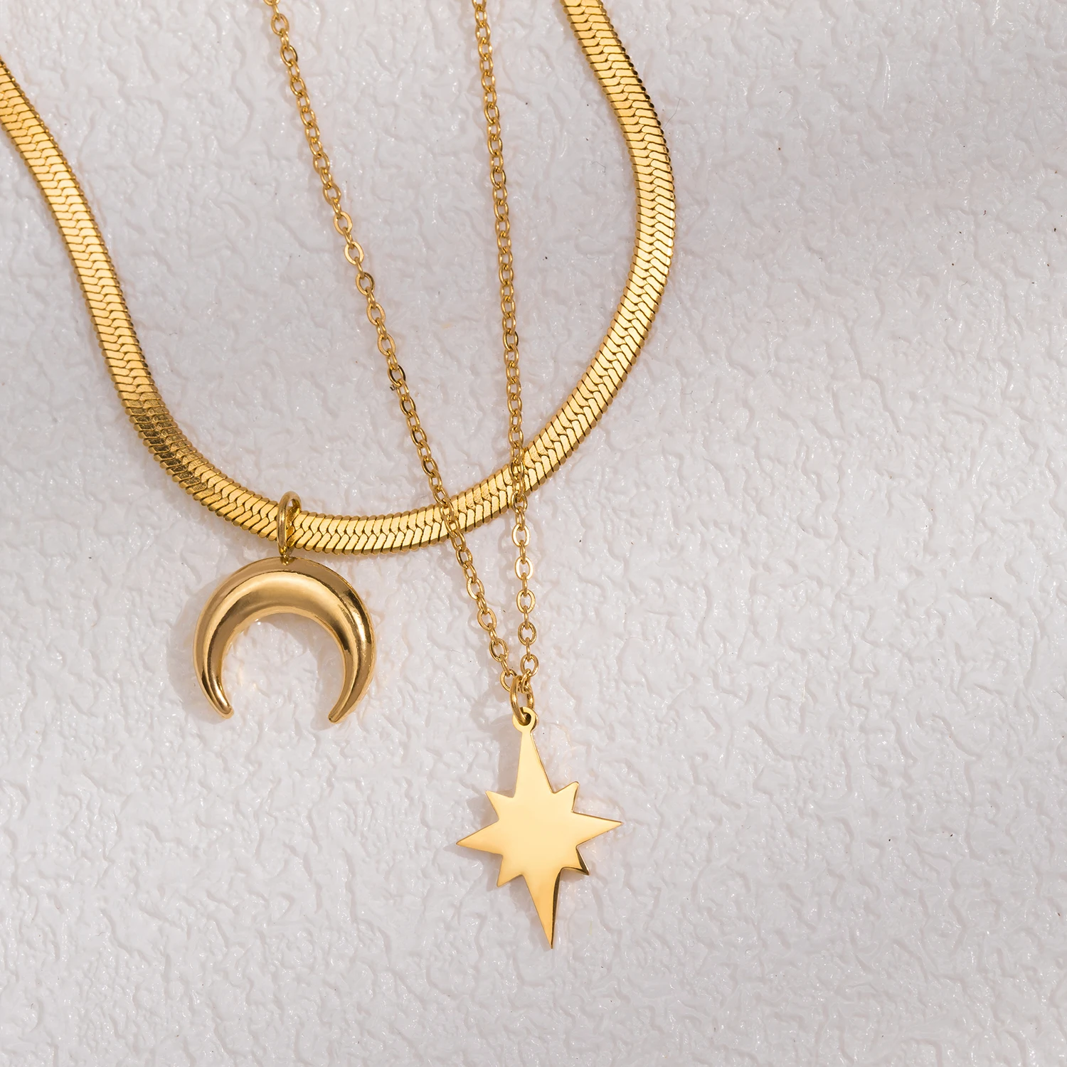 Star and Moon Double Layered Pendant Stainless Steel Necklace Plated with 18K Gold
