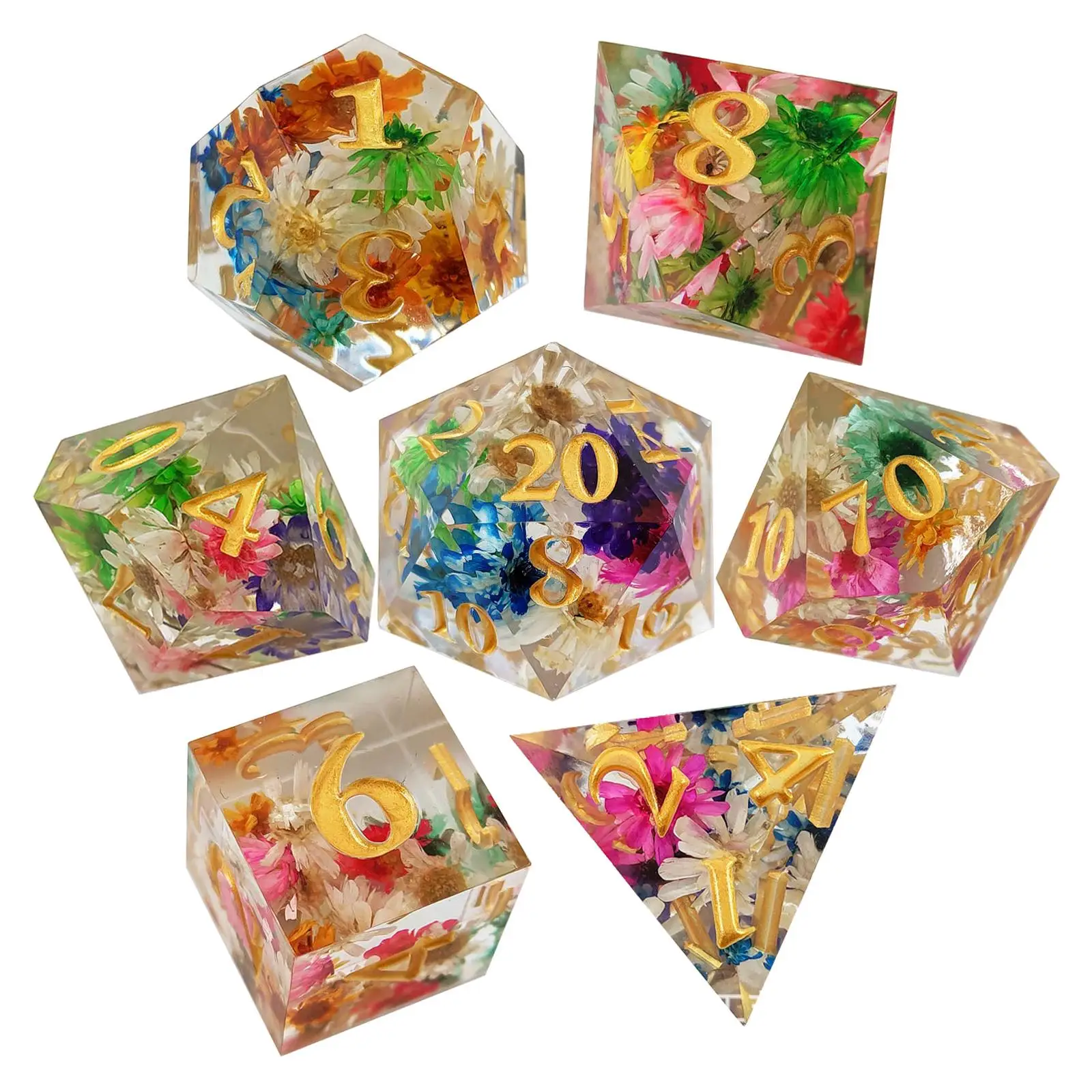 7x Polyhedral Dices Set D4 D6 D8 D10 D12 D20 Engraved Dices Transparent Flower Entertainment Toy Puzzle Games Craft KTV Parties