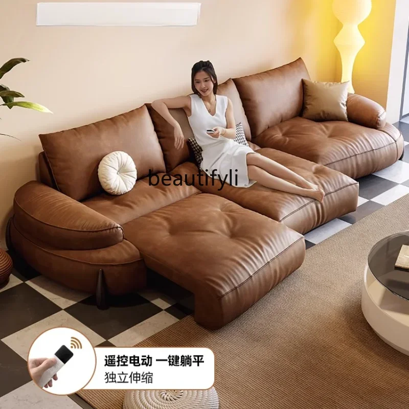 

American Retro Style Electric Multifunctional Leather Sofa Bed Living Room Automatic Stretchable Adjustable Lazy Curved Sofa