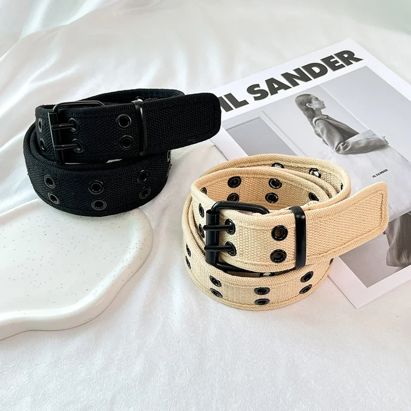 

New Design Harajuku Wide Waistband Canvas Web Double Grommet Hole Buckle Belt Female Male Waist Strap Belts For Women Men