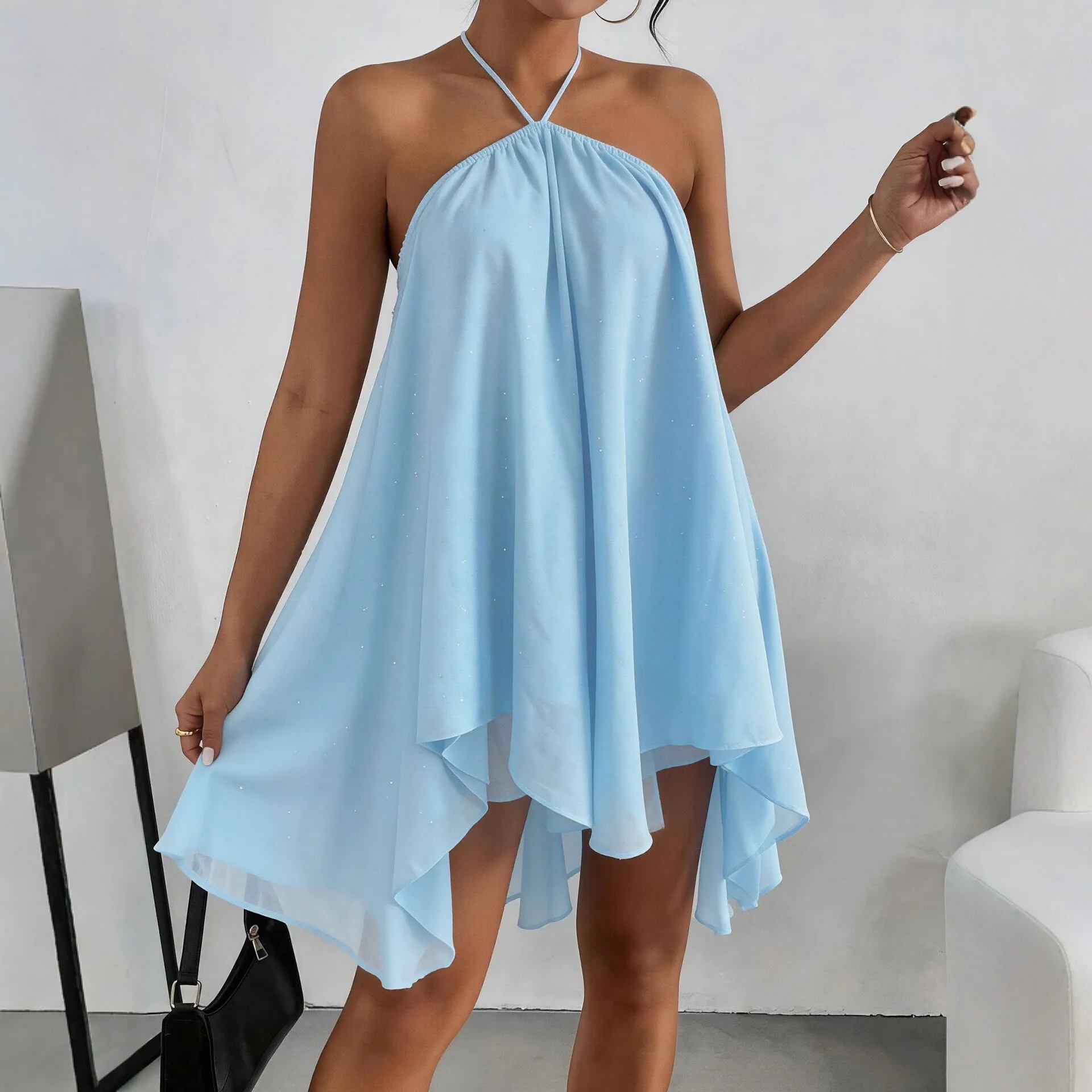 Robe mini asymétrique sexy à sequins et volants, dos nu, bleu ciel, pour femme, été, XLSFS-MD639