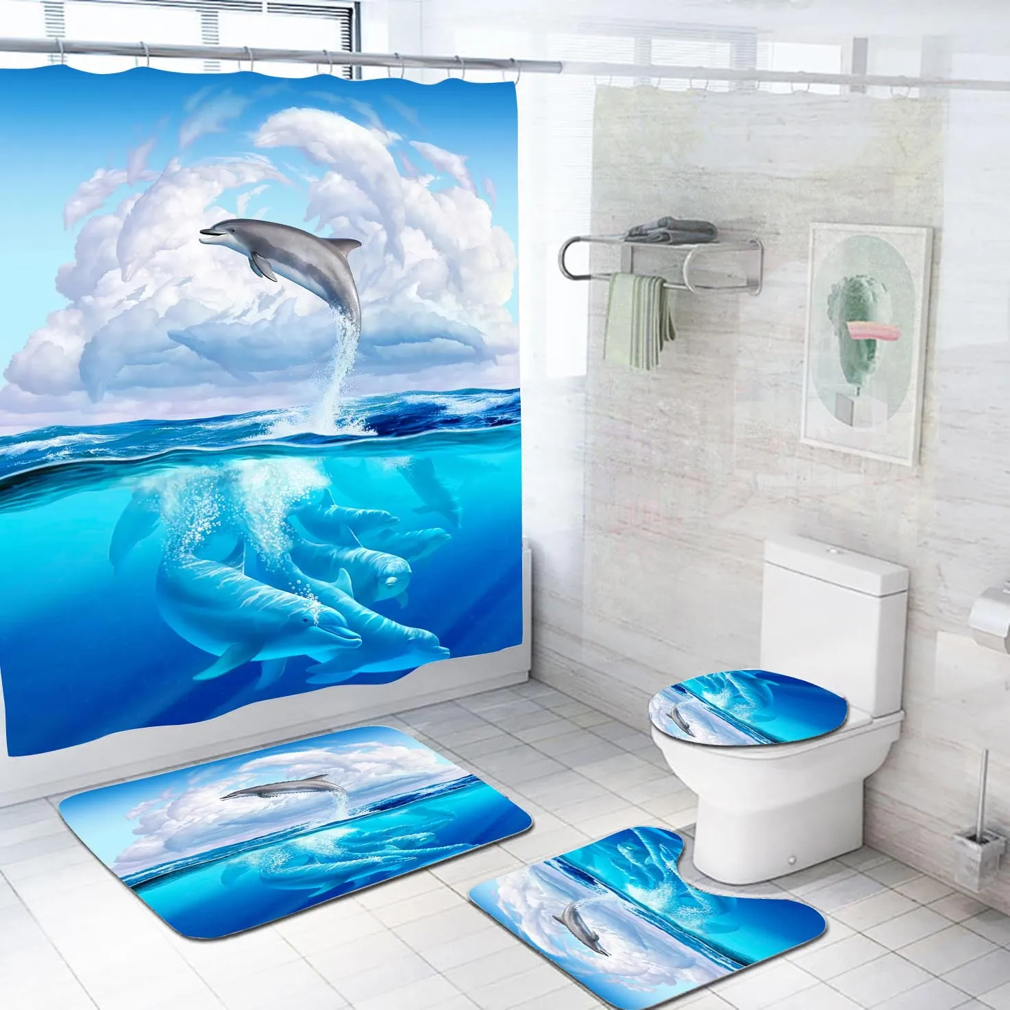 Dream Starry Sky Ocean Jellyfish Bathroom Waterproof Shower Curtain Set with 12 Hooks Bath Non-Slip Mat Rugs Toilet Seat Cover