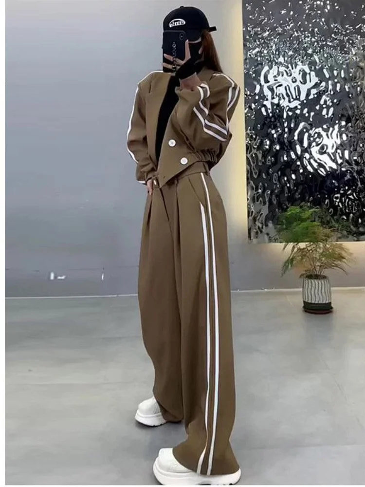 طقم بنطلون واسع الساق عالي الخصر مع سترة أنيقة للنساء، تصميم رياضي عصري جديد لفصلي الربيع والخريف، بدلة من قطعتين