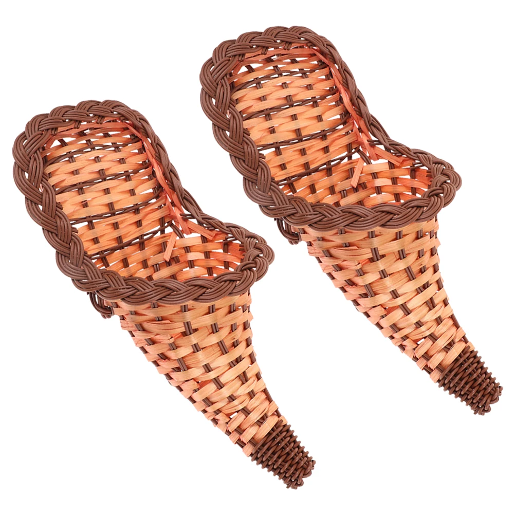

2 pcs Bamboo Snack Woven Bread Serving Decor Bamboo Fruit Bread Plant Woven Fruit Basket Ox Horn Basket Baskets