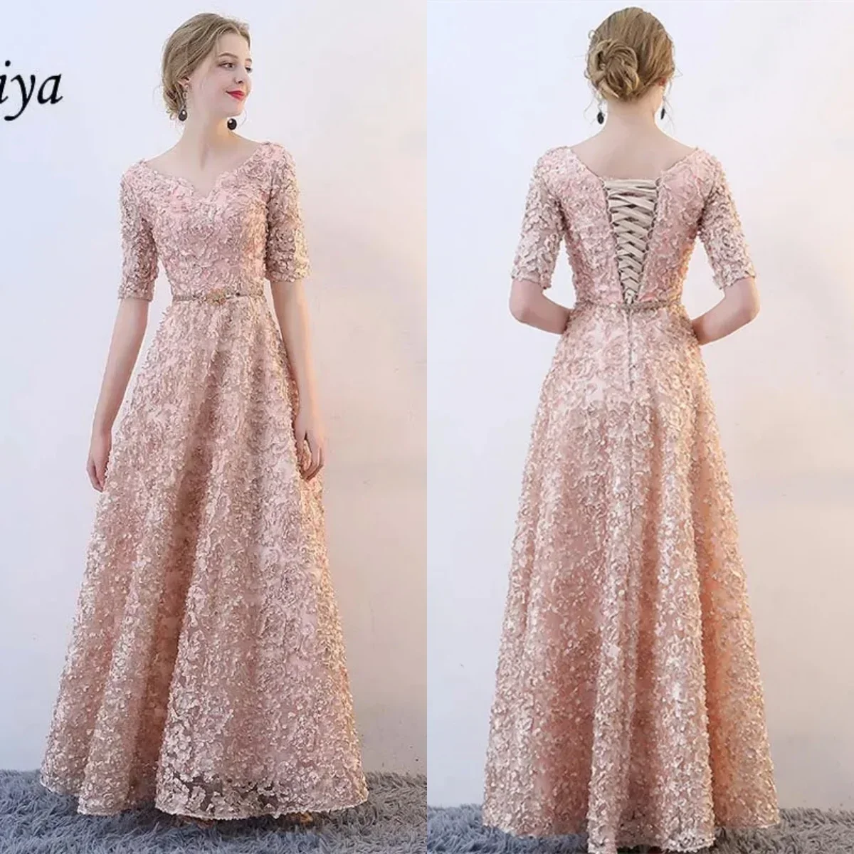 Evening Dress New Khaki Boat Neck Short Sleeves Rose Tulle Lace up A-line Floor Length Classic Plus size Women Party Formal Gown