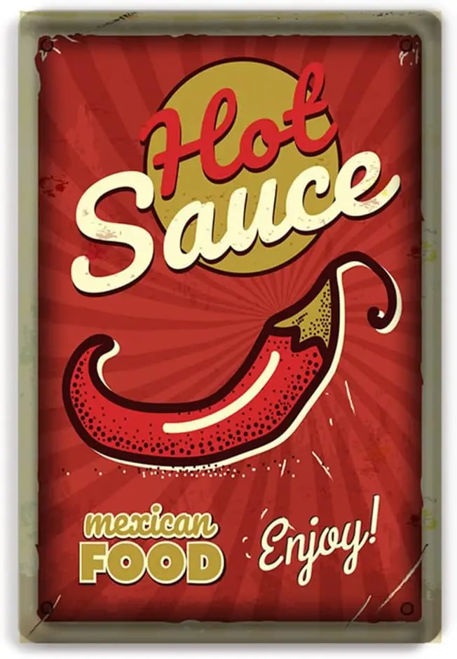 Chili Sauce Tin Sign Metal Poster Vintage Wall Decor Restaurant Mexican Food Extra Hot Sauce, for Pub Restaurants Cafe