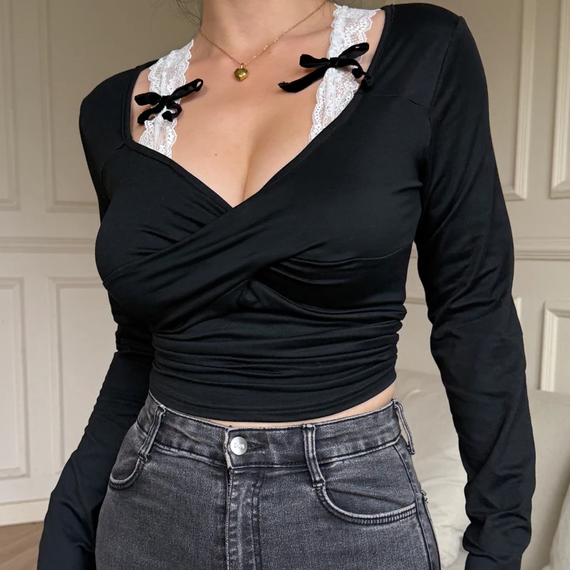 

Женские футболки-топы в стиле стритвир с кружевным бантом, вырезами и плиссировкой, трендовые, сексуальные, с эффектом утяжки талии, весна-лето 2026, повседневные