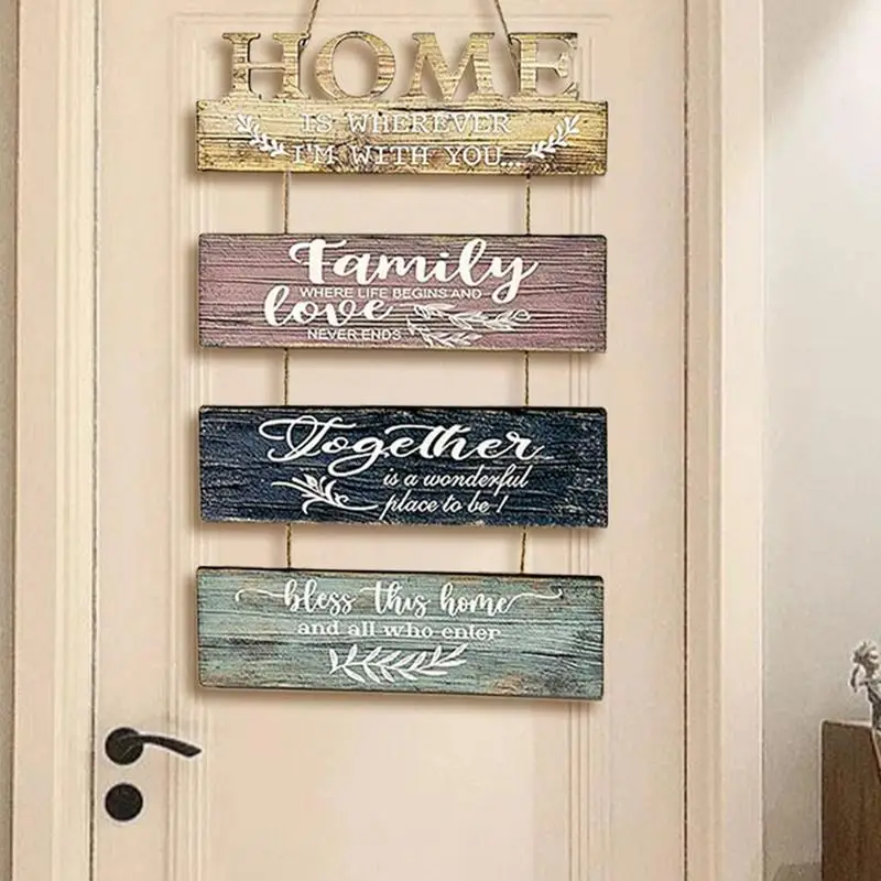 Rustic Wooden Word Sign Wooden Plaques Door Decorative Four Pieces Home Decoration Accessories Hangable Bathroom Wall Art For