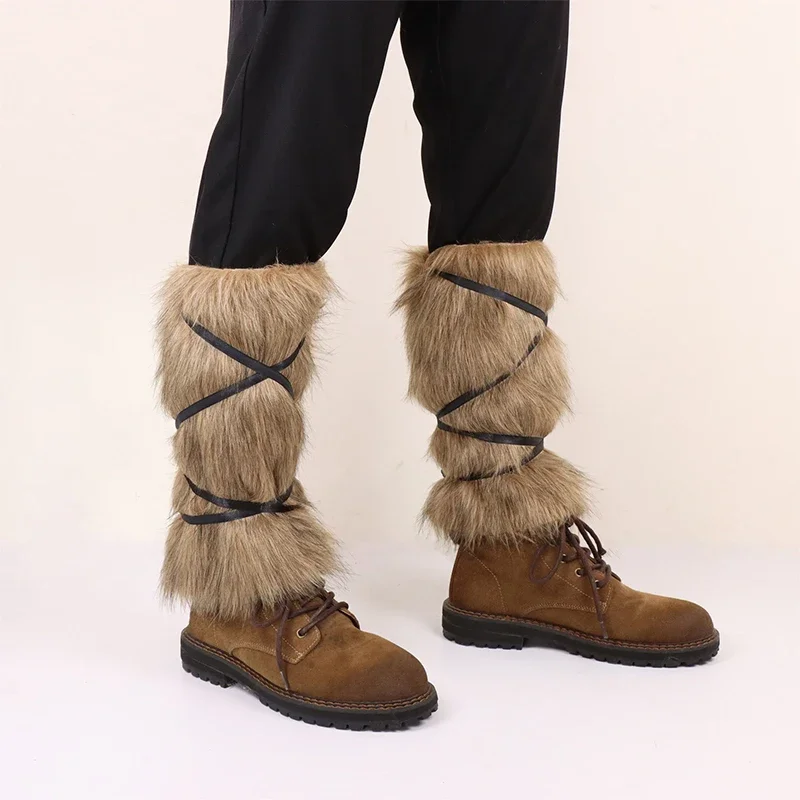 1Pair Men Medieval Imitation Fur Warm Leggings Furry Leggings Boots Cosplay Vikings Dress Up Clothing Pirate Cosplay Accessories