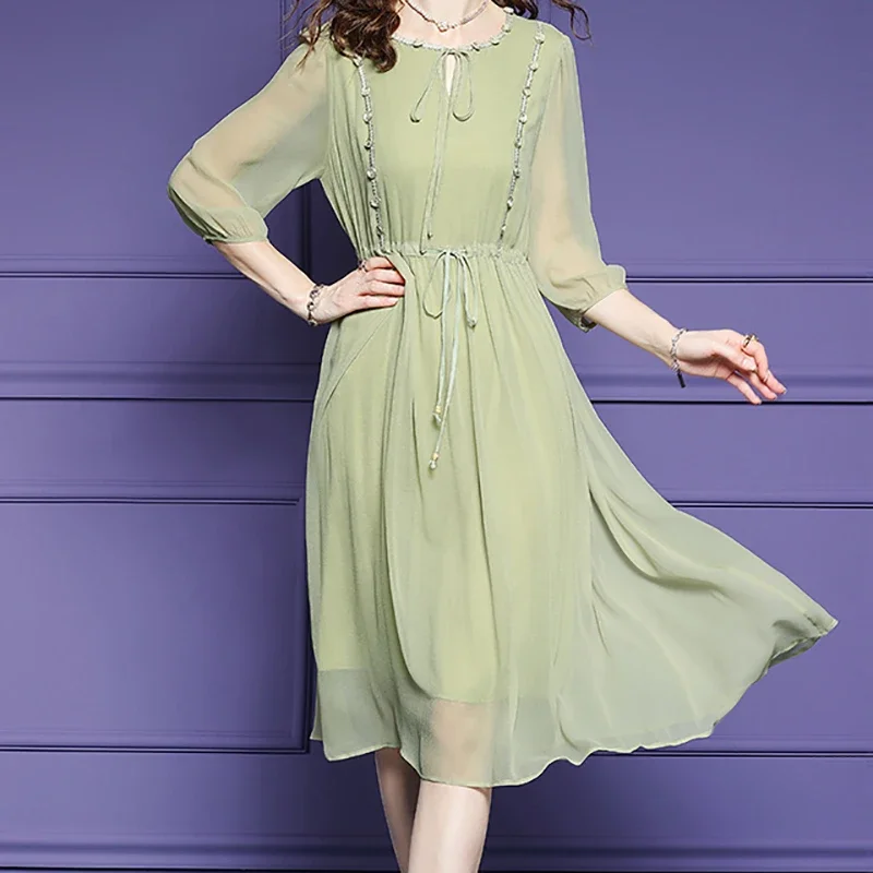 EVNISI Women Elegant Green Chiffon Dress O-neck Chic Natural Silk Lace Up Fairy Dresses Casual Women Party Vestido Autumn 2024