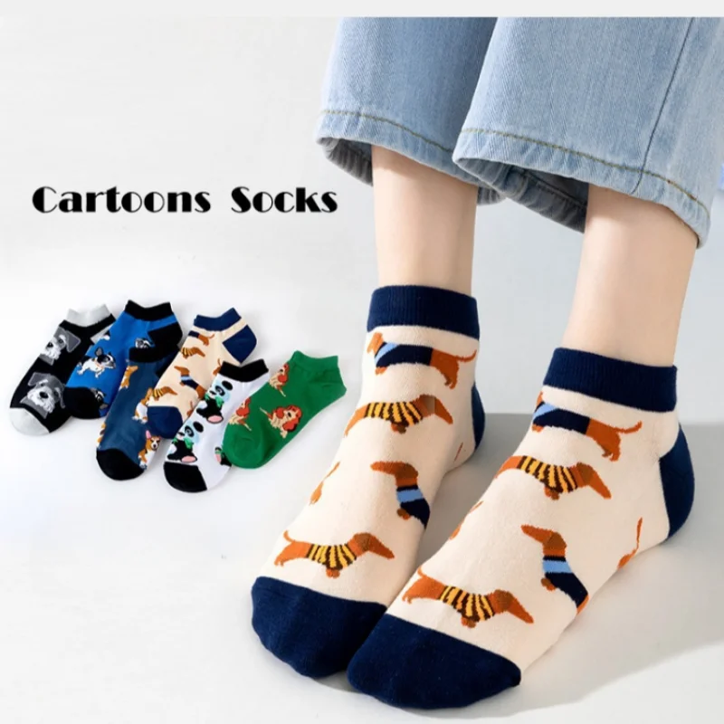 1/5 Pairs New Spring Summer Men Women Corgi Panda Socks Fashion Animal Print Low Cut Sokken Heren Ademend Anti-Slip Boat Socks