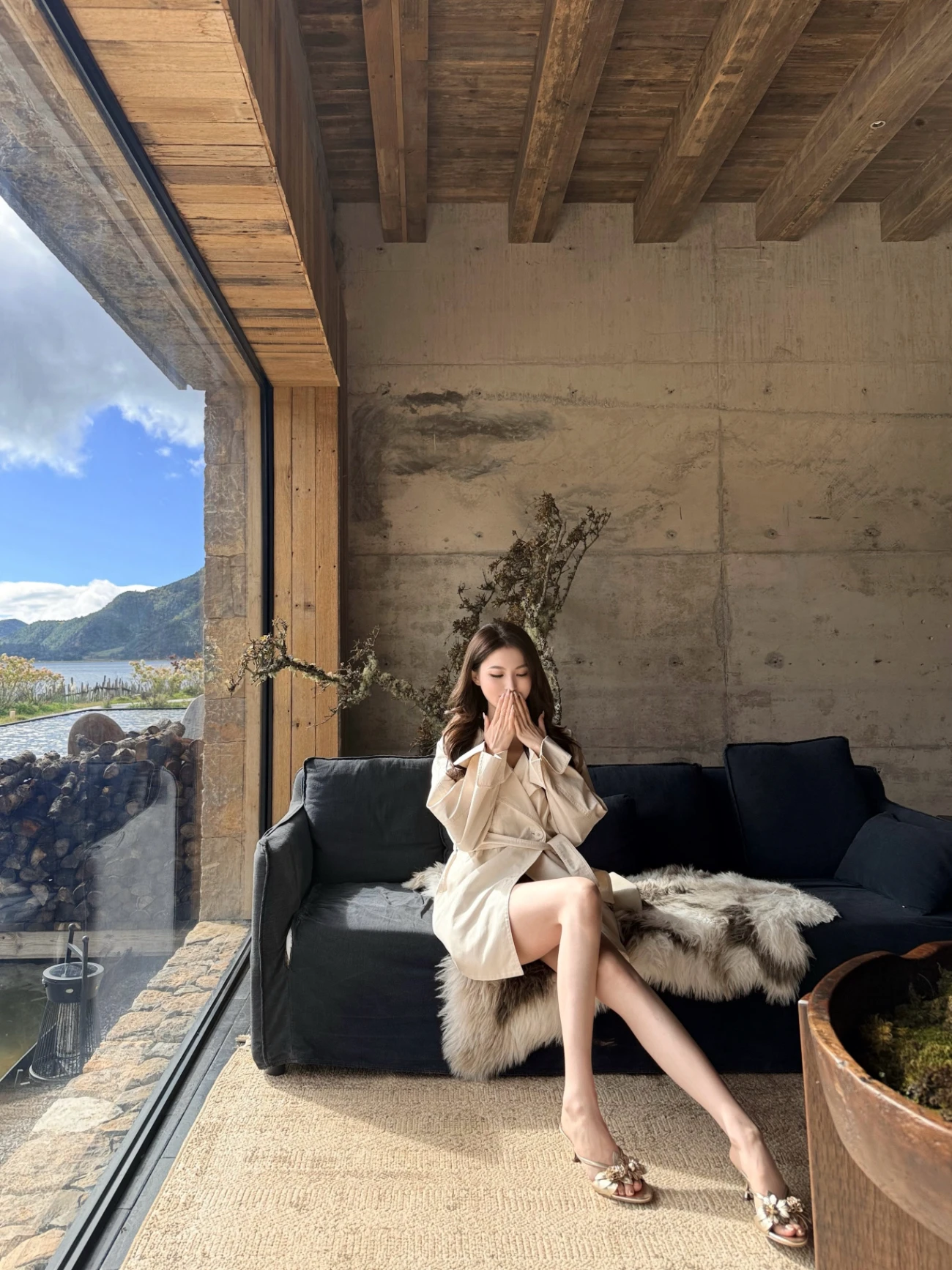 

Classic White Casual Long Belted Coat Stand Collar Windbreaker Ele Leisure Mid-Length High-End Raincoat Jaet