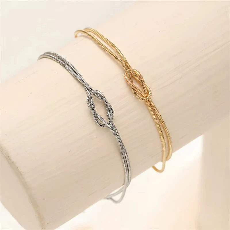 FTCY Simple Metal Love Knot Couple Bracelet Set for Women Men Snake Chain Handmade Knot Shaped Bracelet Best Friend Gift