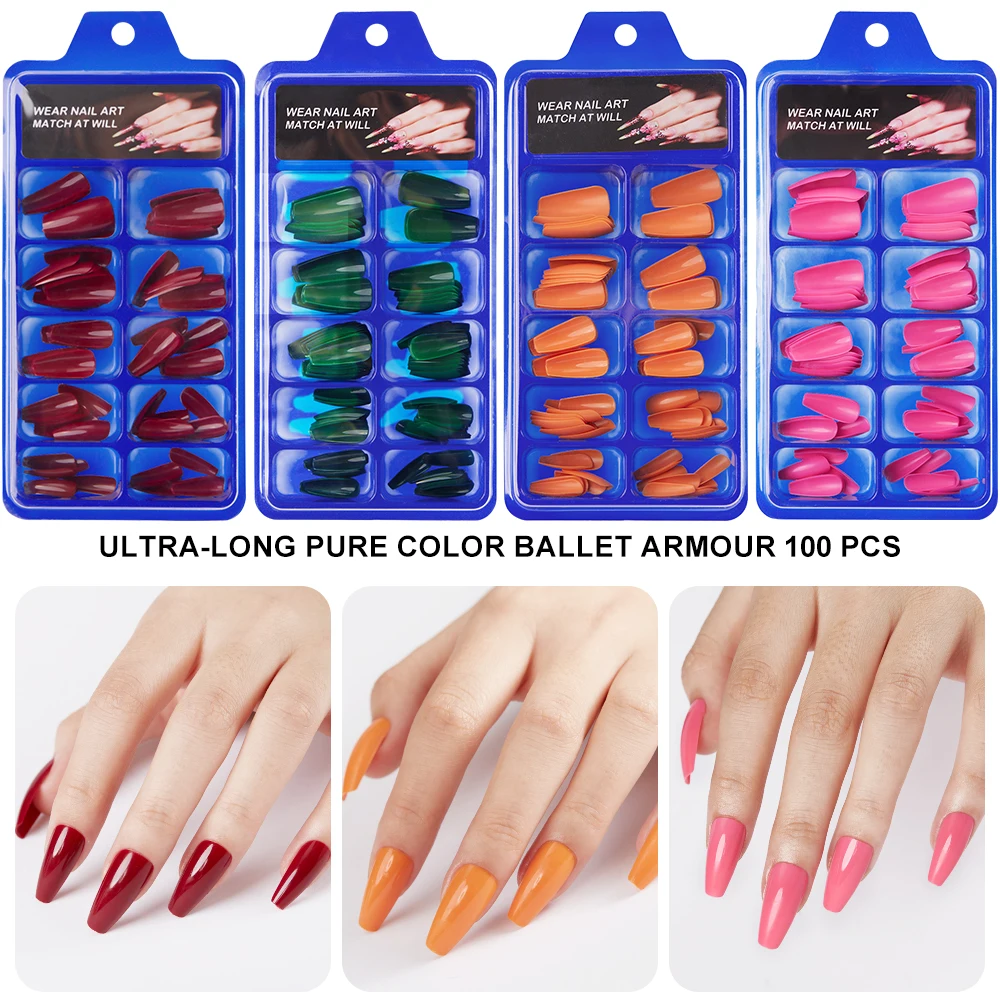 100Pcs Press On Nails Long Coffin Full Cover False Nails Red/Purple/Pink Acrylic Nail Tips Wearable Nail Extension Manicure Tool