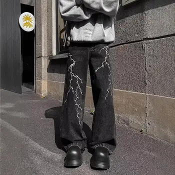 復古街頭設計荊棘刺繡小眾百搭寬鬆直筒牛仔褲休閒褲(腰部連結孔未開) 10 最佳銷售 直筒牛仔褲 - №5