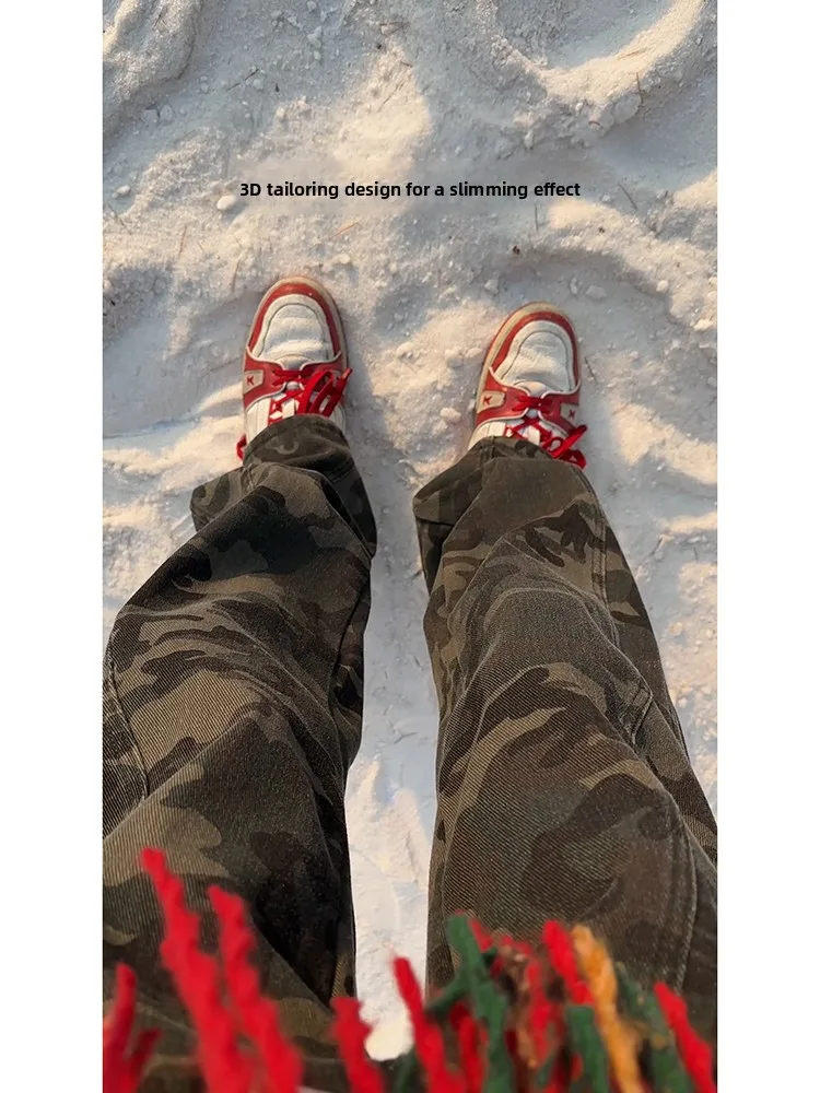 

Bo Camouflage Workwear Pants Men's Autumn Winter American Retro Vibe Deconstructed Sle Logging Denim Casual Trousers