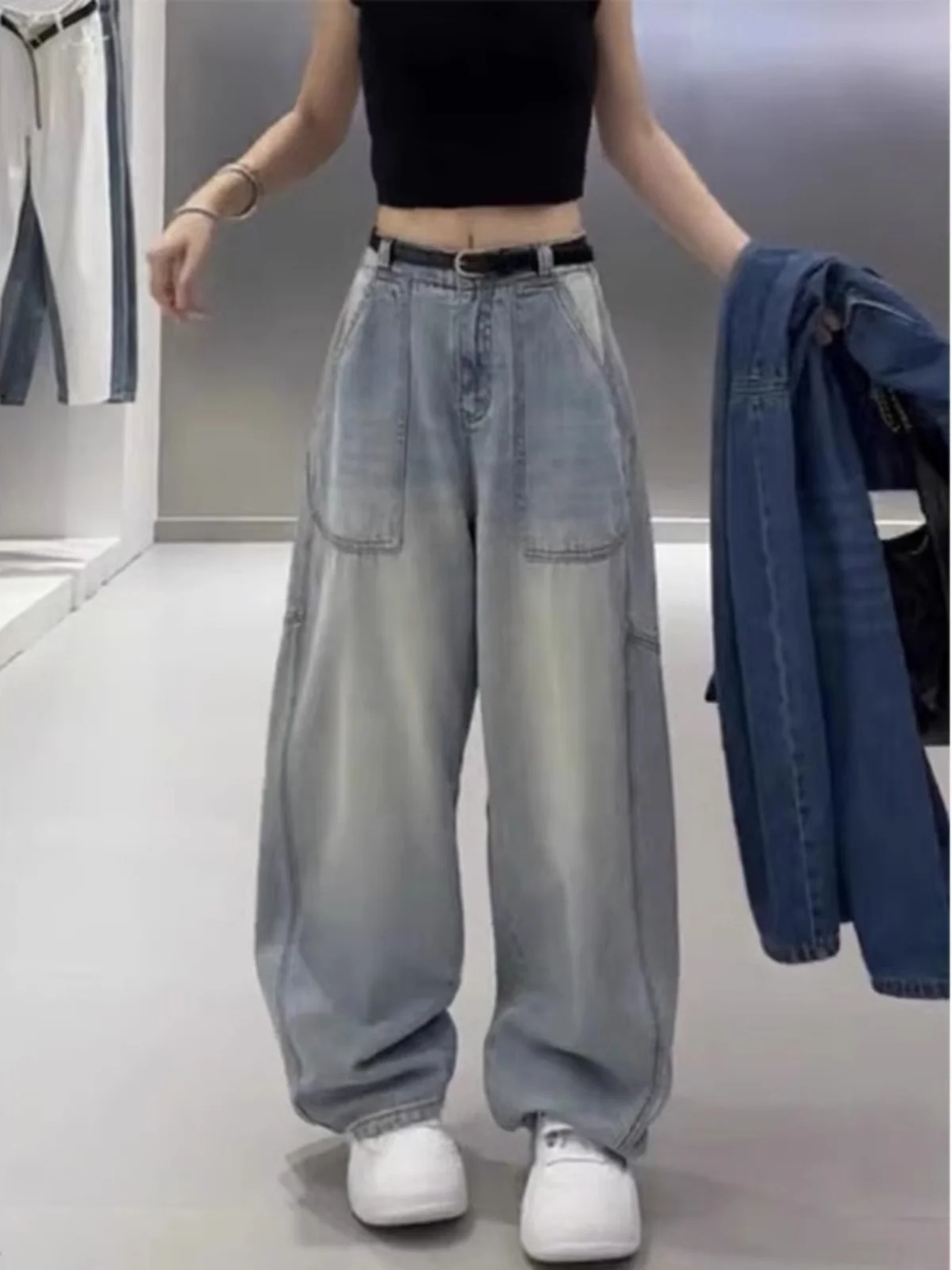 

Прямые джинсы в американском стиле больших размеров с высокой талией, женские свободные осенние модные брюки длиной до пола