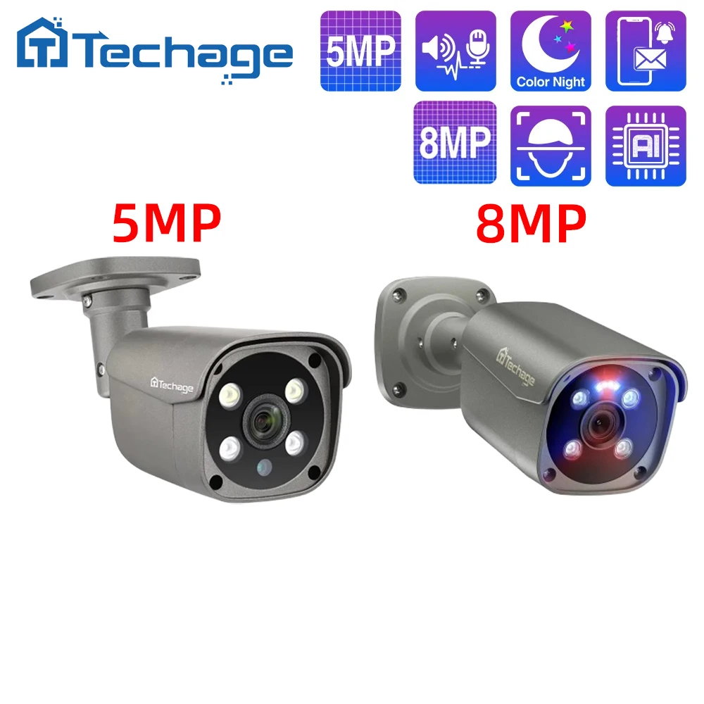 Techage HD 5MP 8MP 4K POE IP камера Двусторонняя аудиосвязь Smart AI Цветная ночная съемка Уличная POE камера безопасности для к