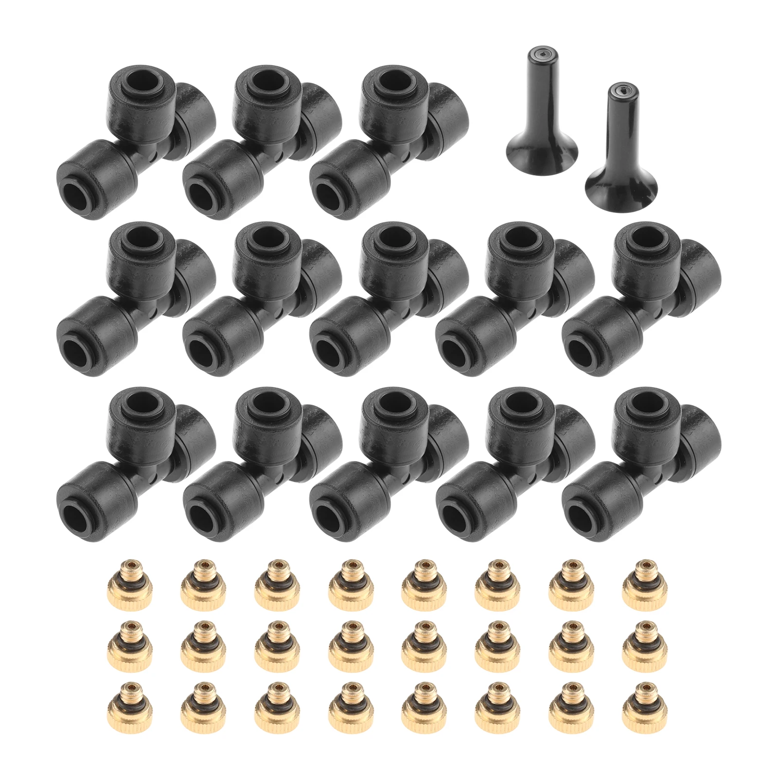 49Pcs Brass Misting Nozzles Kit 0.012 Orifice 10/24 UNC Mister Nozzles 1/4 Inch Sliding Lock Tees for Outdoor Cooling System