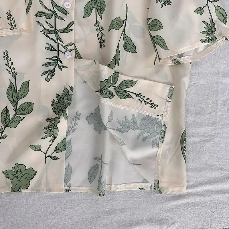 DAYIFUN-Blusas estampadas em folhas para mulheres, gola virada para baixo, manga curta, camisas elegantes, tops casuais, botão de escritório, vintage, outono