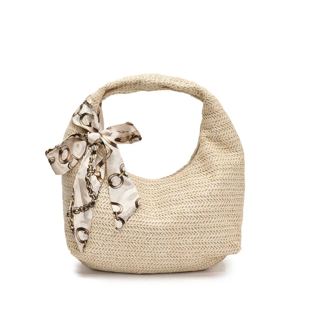 Leisure Large Capacity Straw Bag with Silk Scarf Half Moon Rattan Handbag Simple Wrist Circle Clutch Crescent Bag Outdoor