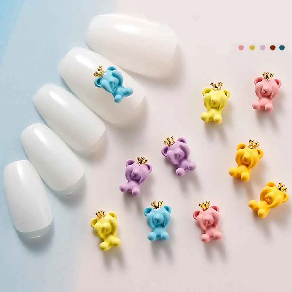 10pcs 10x6MM Cute Bear Nail Art Charm 3D Alloy Cute Macaron Crown Cartoon Bear Nail Decoration DIY Kawaii Nail Accessories