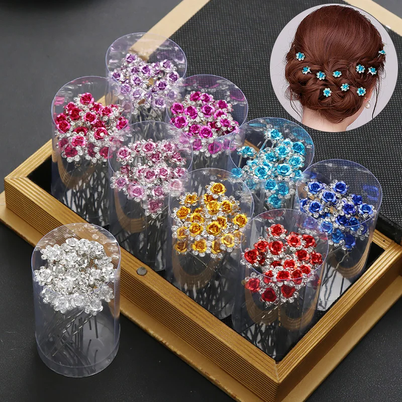 20Pcs Metal U-shaped Hairpin Crystal Flower Bridal Tiara Hair Jewelry Hair Clip Fork Wedding Headpieces Hair Stick Accessories