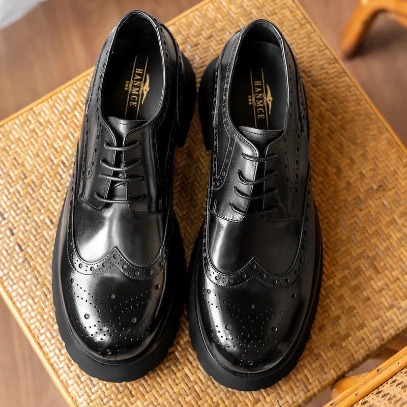 New trendy shoes with large toe and thick sole, genuine leather casual shoes for men Brogue carved derby height-increasing shoes