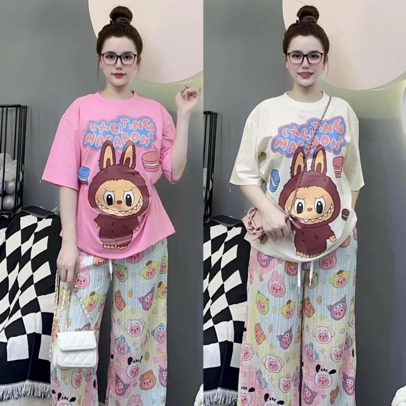 

Cute Labubu Cute Fashion Set Women 2024 Summer New Cute Cartoon Short Sleeved Hanging Wide Leg Pants Set Pajamas Girls Gifts