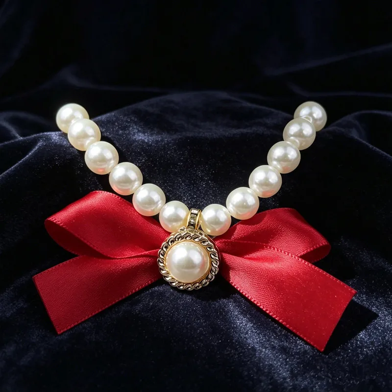 

Vintage Pet Pearl Collar with Bowknot Ornament Cute Dog Cat Decorative Necklace for Pet Wedding Holiday Cosplay Outfit Supplies