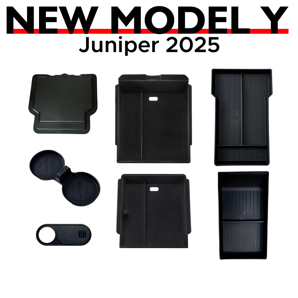 Für Tesla New Model Y2025, Start Juniper-Konsole und Armlehne, obere und untere Beflockung, Aufbewahrungsbox, Wasserbecherhalter, Kameraabdeckung