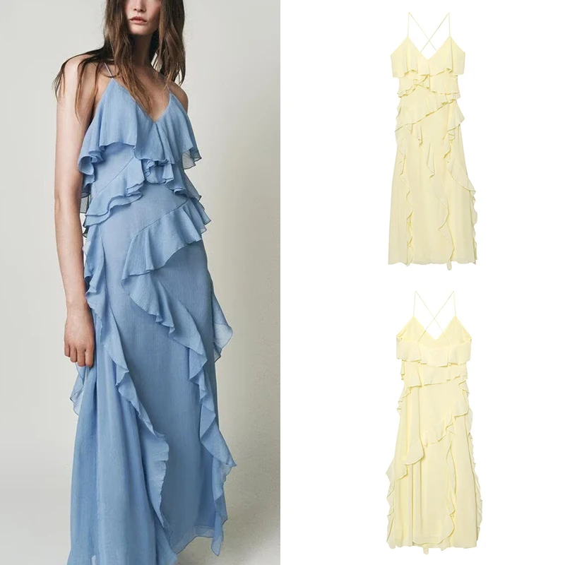 Vestido f e de verão 2025, casual, com camadas decorativas, cintura alta, sem mangas, longo, decote em V, fibra...