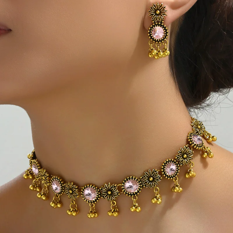 Vintage Crystal Flower Chunky Necklace Earrings For Women Vintage Metal Ball Beads Decoration Jewelry Set