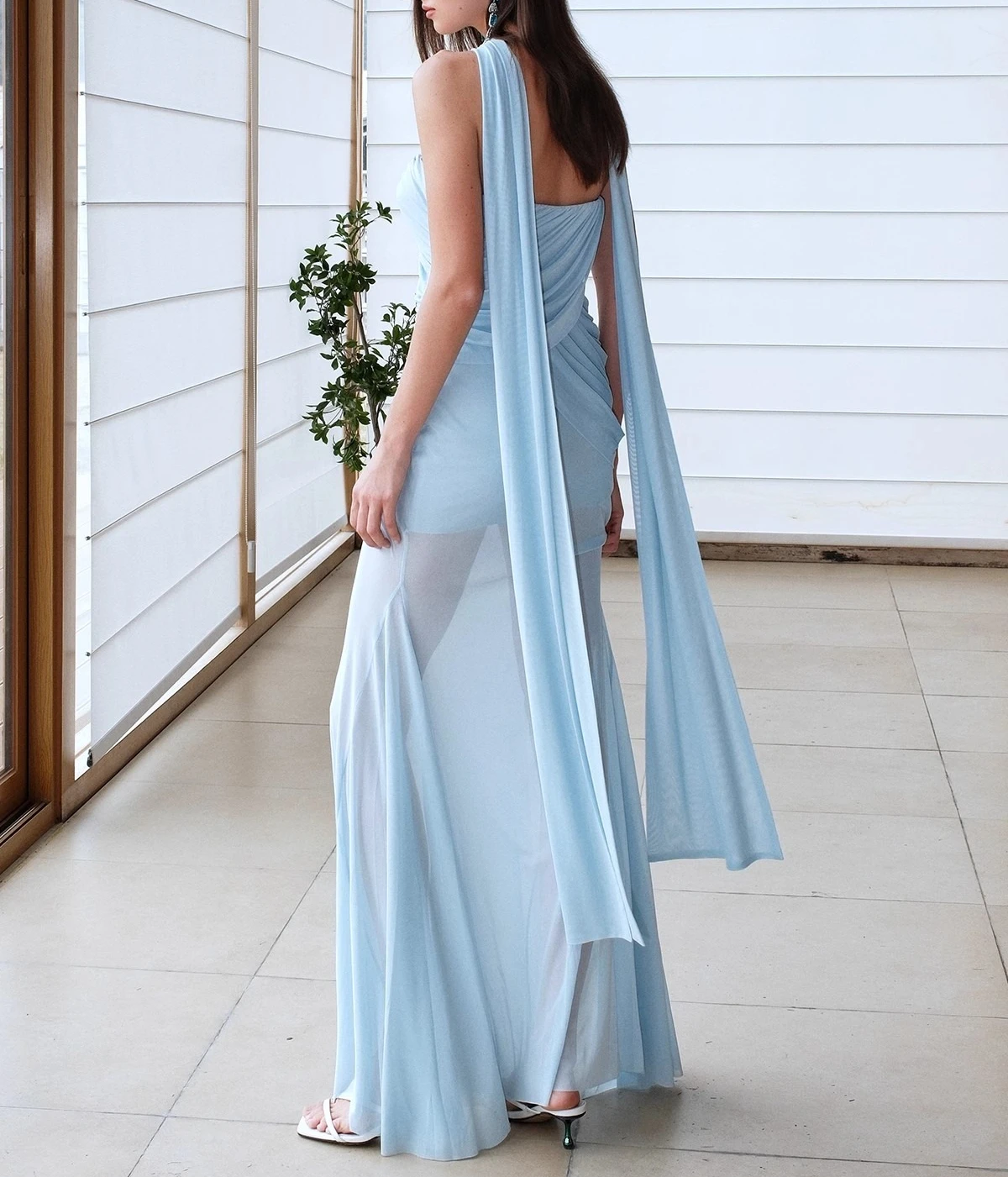 Blauwe mesh jurk dames slash hals mouwloze elegante maxi vestidos bodycon streetwear strapless kleding dame verjaardagsfeestje