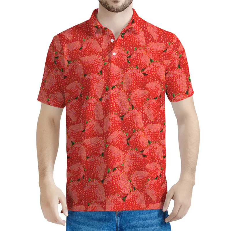 Polo de dibujos animados para hombre, camiseta de manga corta con estampado 3d de frutas, botones, solapa, Tops informales, Pitaya, fresa, Verano