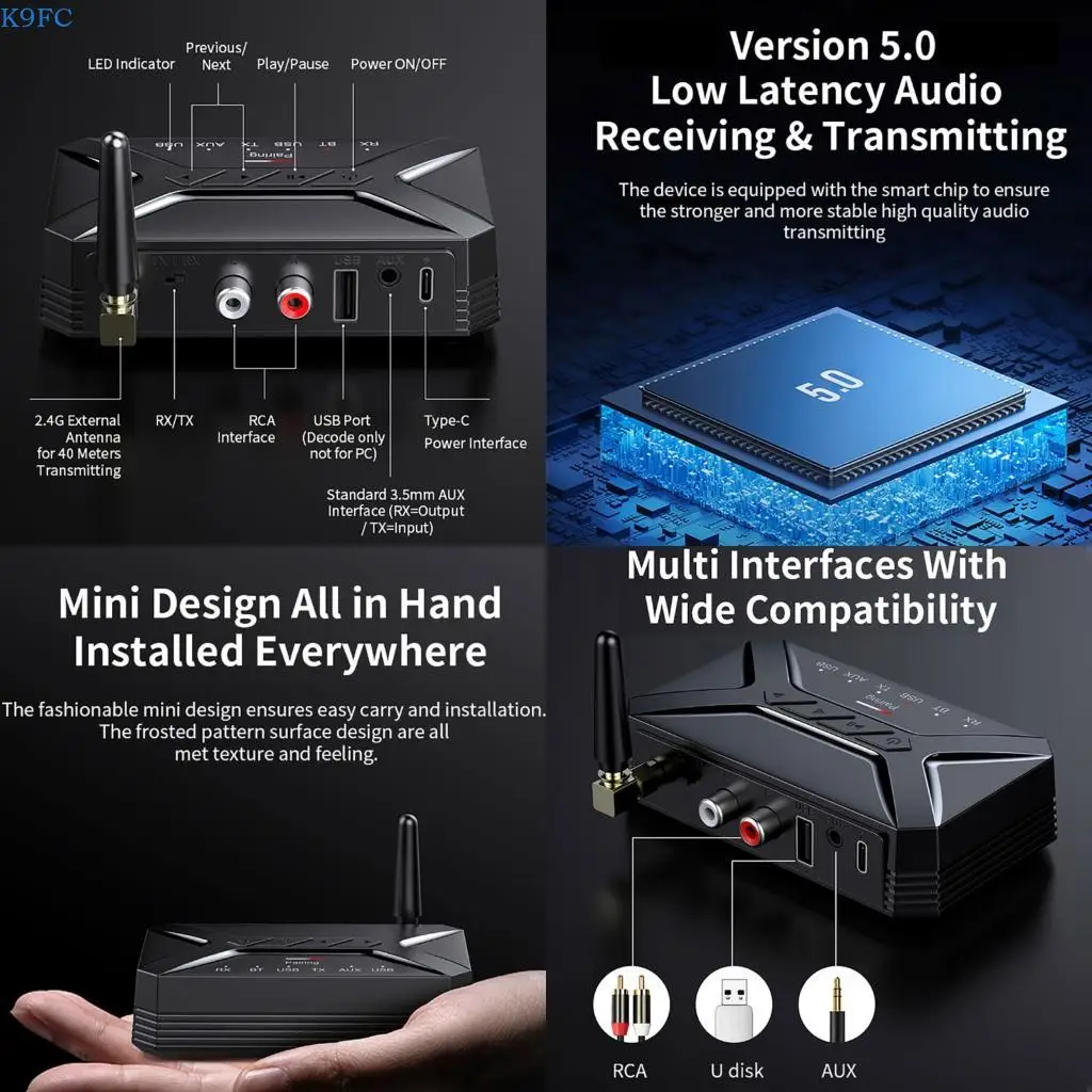 

K9FC 2 In 1 BT5.0 Transmitter Receiver Wireless Auditory Adapter 40m Long Ranging Stable Connection Low Latency