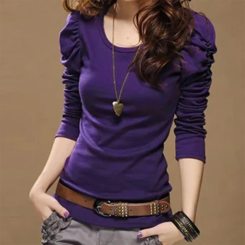 

Модные однотонные блузки с круглым вырезом и пышными рукавами, женская одежда, весна-осень 2023, новые тонкие топы, офисные женские рубашки ZT494