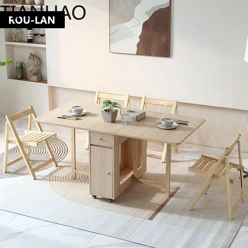 AQ Folding Dining Table with 2 Drawers and 4 Wheels for Living Room,Kitchen, Farmhouse, Space Saving Table