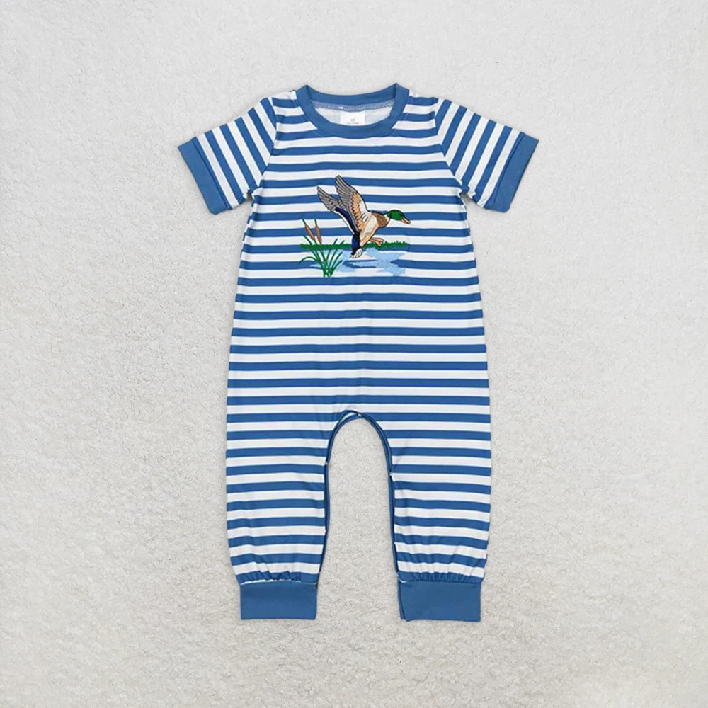

Baby Boys Light Blue Striped Duck Romper Short Sleeve Baby Boy Hunting Outfit Cute Farm Animal Clothing for Infants